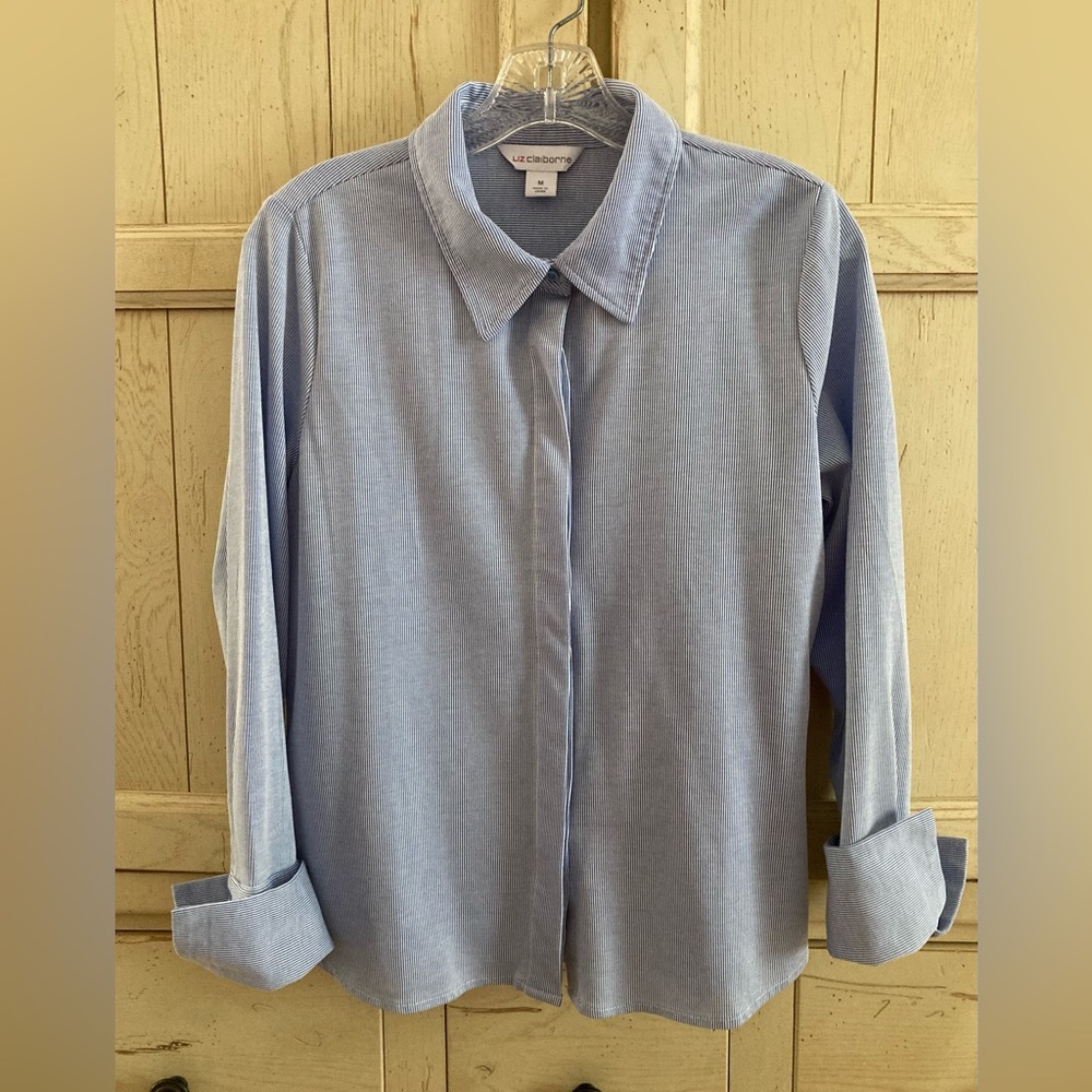 Liz Claiborne 3/4-Sleeve White & Blue Striped Blouse - MEDIUM